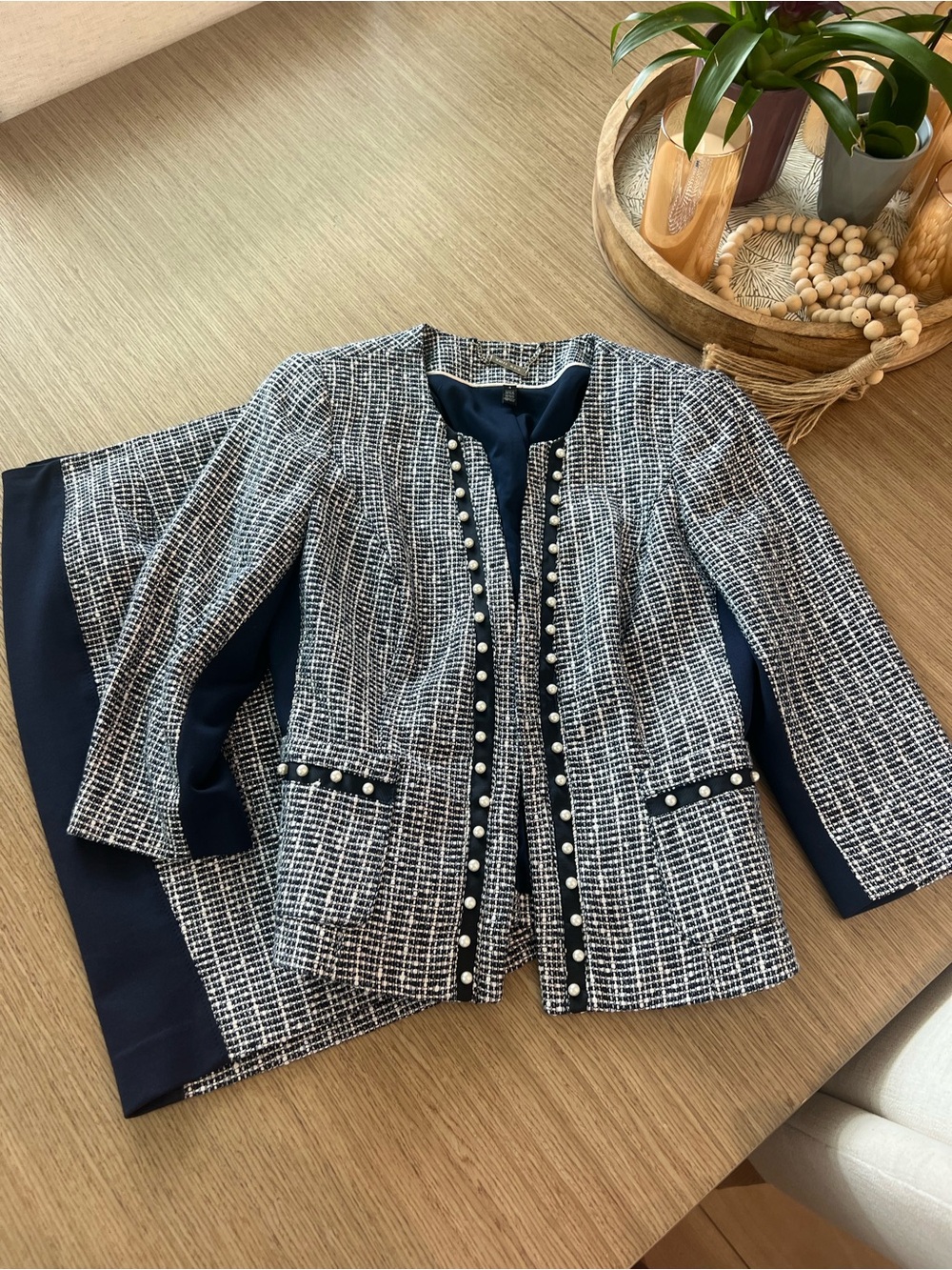 White House Black Market Navy & White Pearl-Trim Tweed Blazer